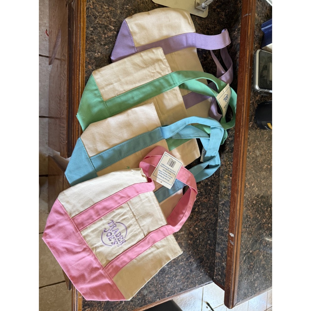 Trader‎ Joes Mini Pastel Canvas Tote Bag Set 4 Pack Pink Blue Green Purple NWT
